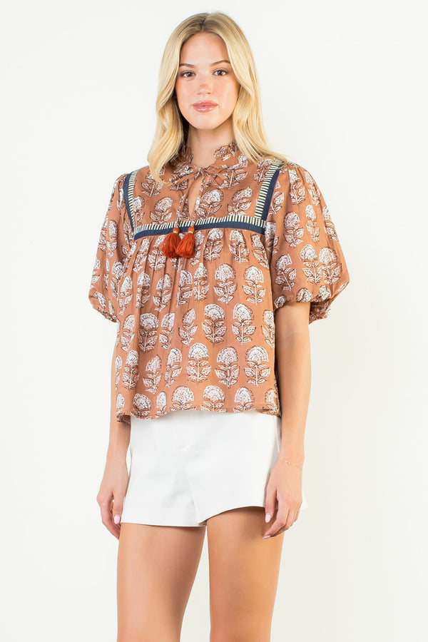 Puff Sleeve Floral Tie Tassel Top