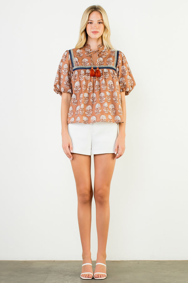 Puff Sleeve Floral Tie Tassel Top