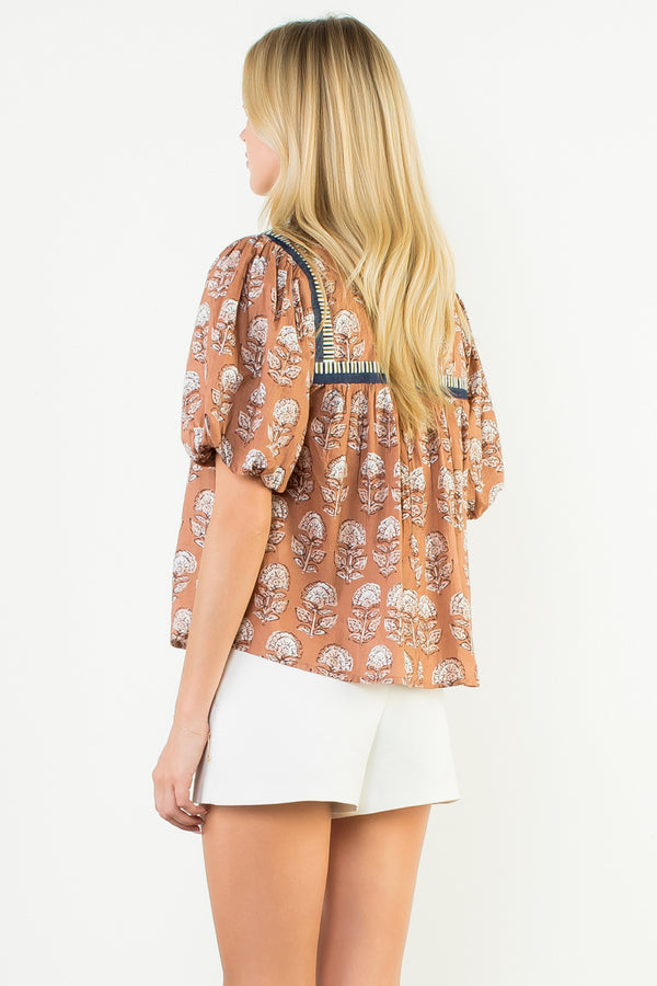 Puff Sleeve Floral Tie Tassel Top