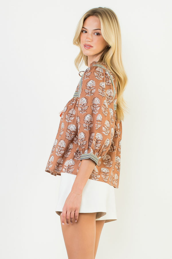 Puff Sleeve Floral Tie Tassel Top