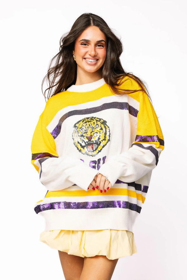 Licensed LSU Striped Colorblock Sweater- (Women's)