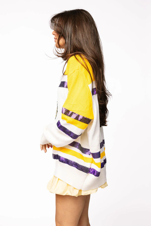 Licensed LSU Striped Colorblock Sweater- (Women's)