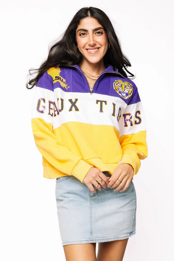 Licensed LSU Quarter Zip Colorblock Sweatshirt- (Women's)