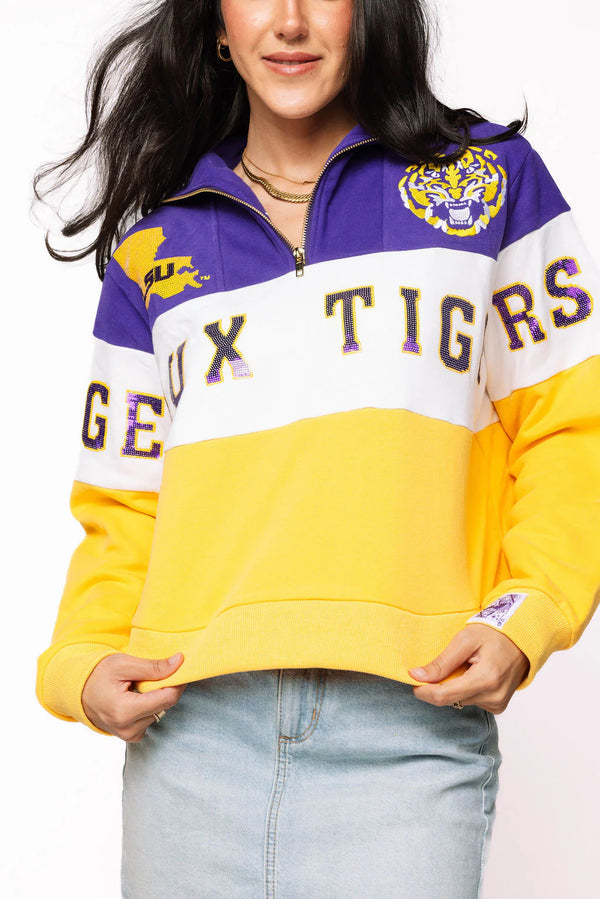 Licensed LSU Quarter Zip Colorblock Sweatshirt- (Women's)