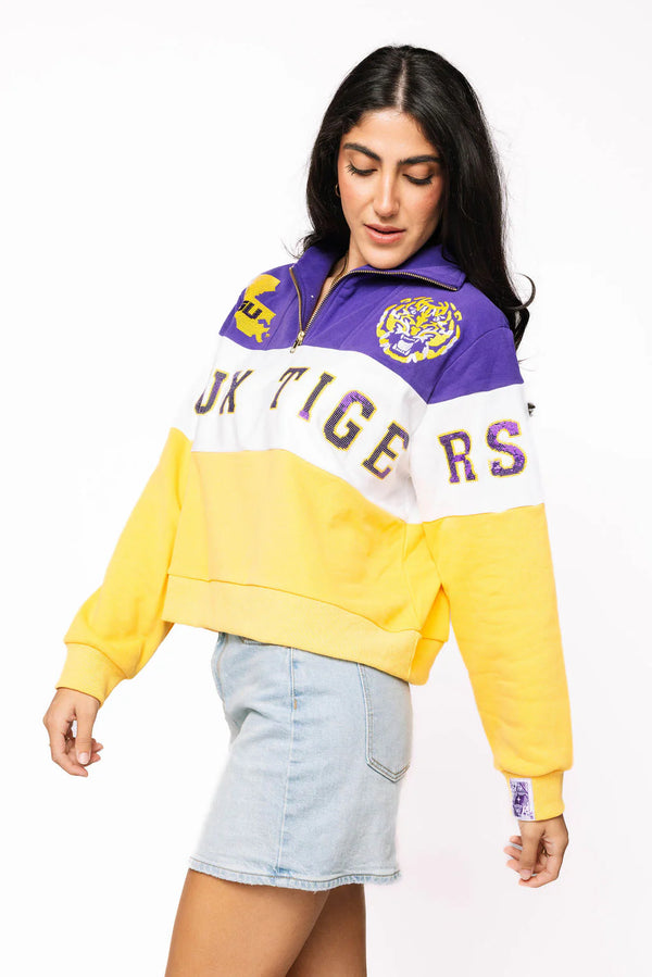 Licensed LSU Quarter Zip Colorblock Sweatshirt- (Women's)