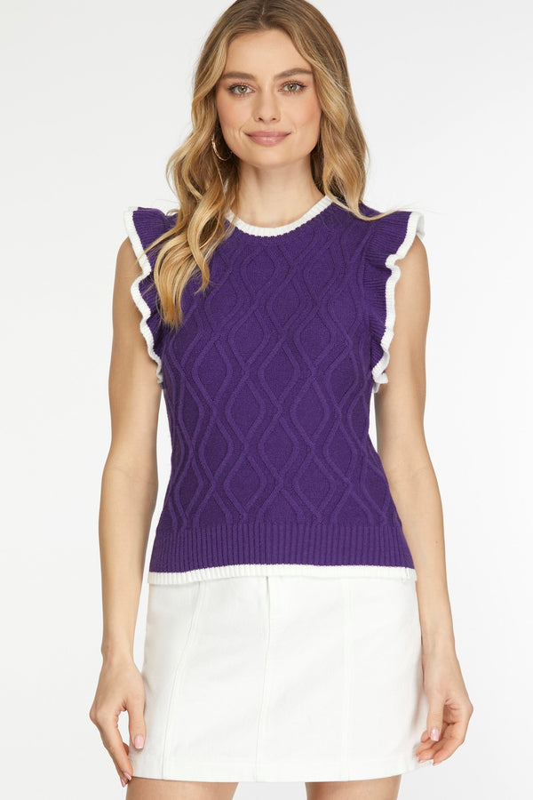Game Day Ruffle Cable Sweater Top- Purple