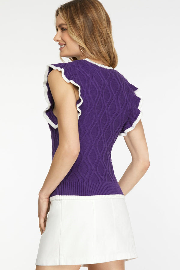 Game Day Ruffle Cable Sweater Top- Purple