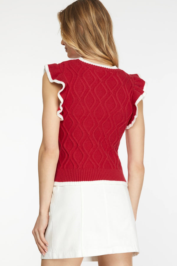 Game Day Ruffle Cable Sweater Top- Red