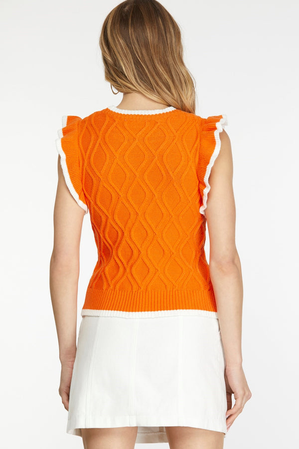 Game Day Ruffle Cable Sweater Top- Orange