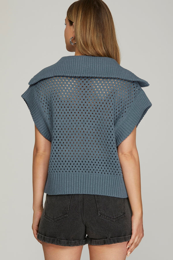 Collared Half Zip Sweater Vest Top- Dusty Blue