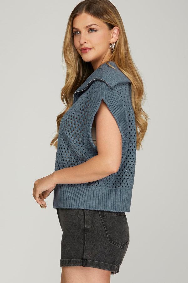 Collared Half Zip Sweater Vest Top- Dusty Blue
