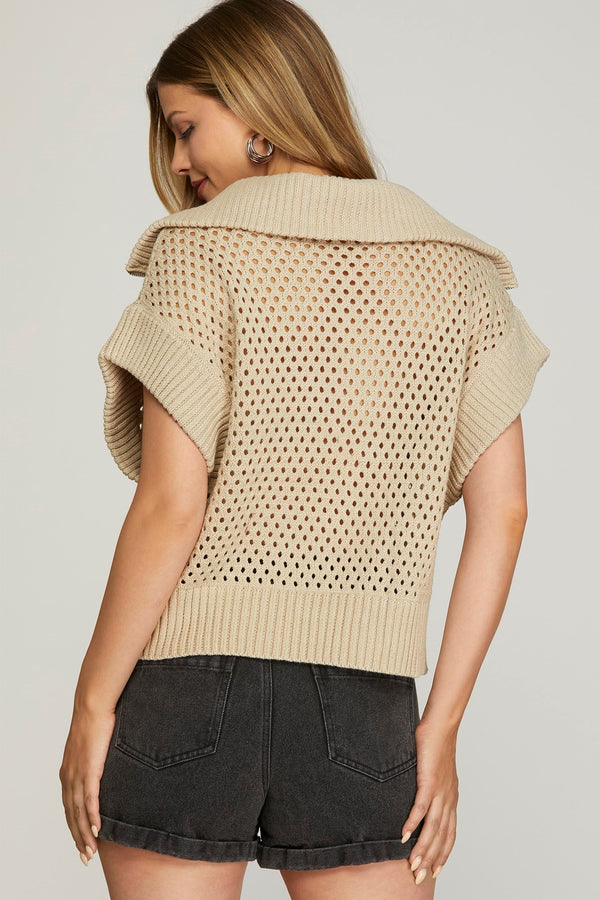 Collared Half Zip Sweater Vest Top- Stone