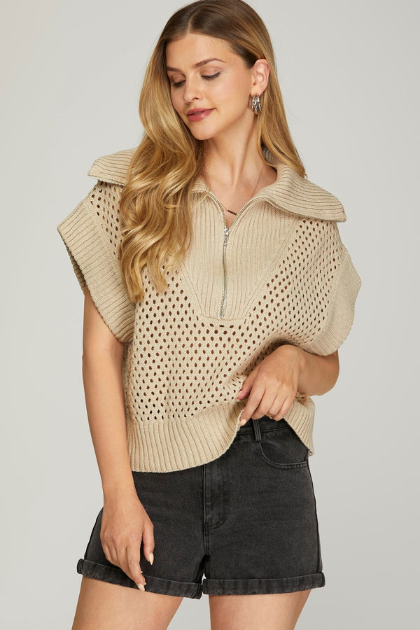 Collared Half Zip Sweater Vest Top- Stone