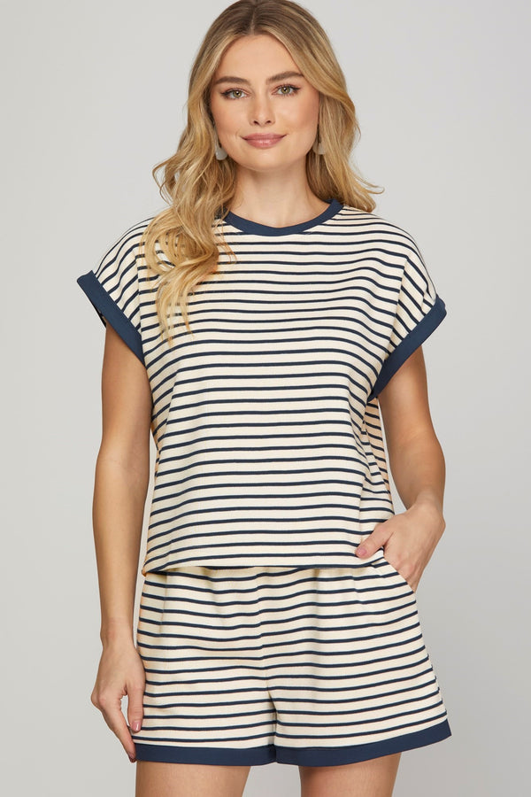 Contrast Rib Striped Knit Short Set