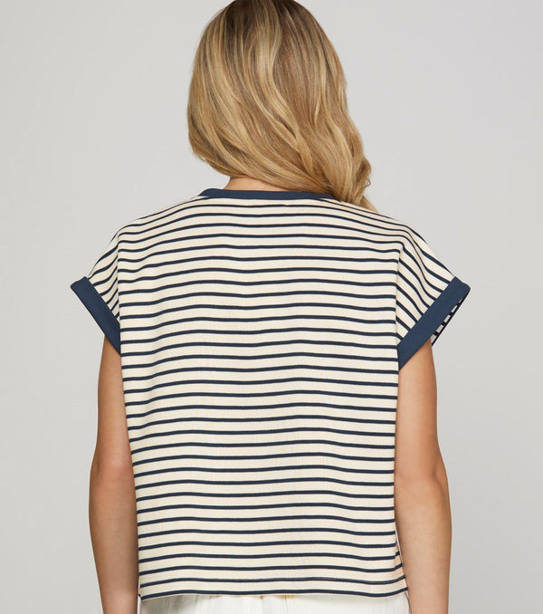 Contrast Rib Striped Knit Short Set