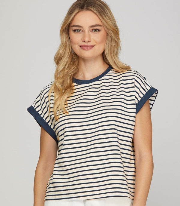 Contrast Rib Striped Knit Short Set
