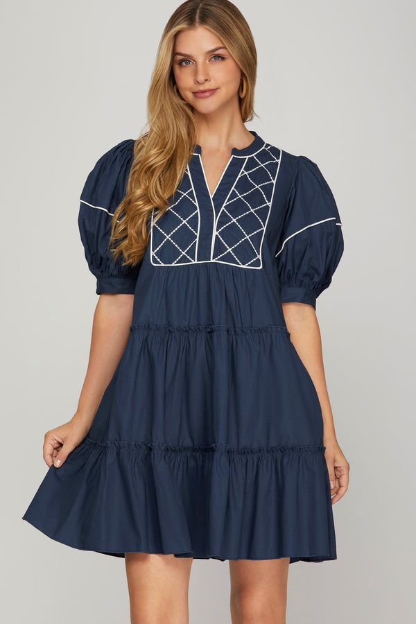 Embroidered Tiered Woven Dress- Navy