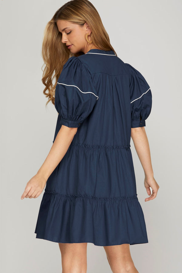 Embroidered Tiered Woven Dress- Navy