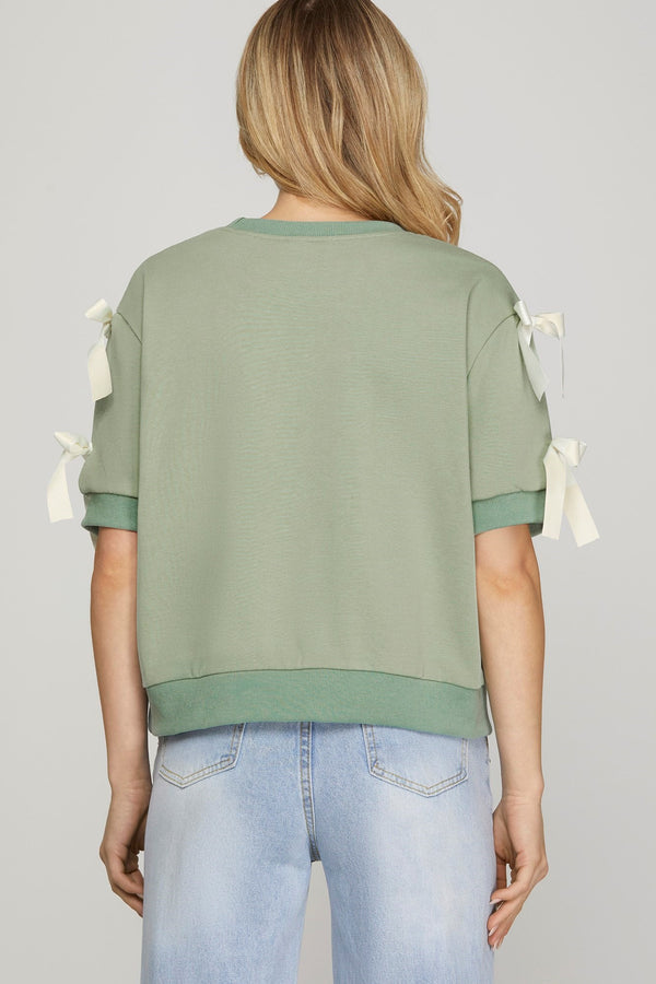 Round Neck Knit Bow Top- Seafoam