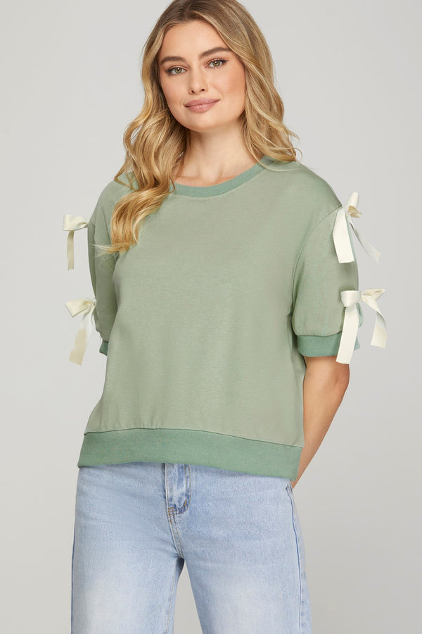 Round Neck Knit Bow Top- Seafoam
