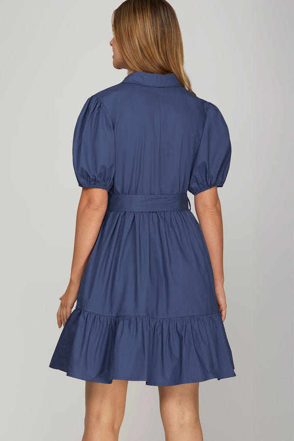 Puff Sleeve Button Down Woven Dress- Navy