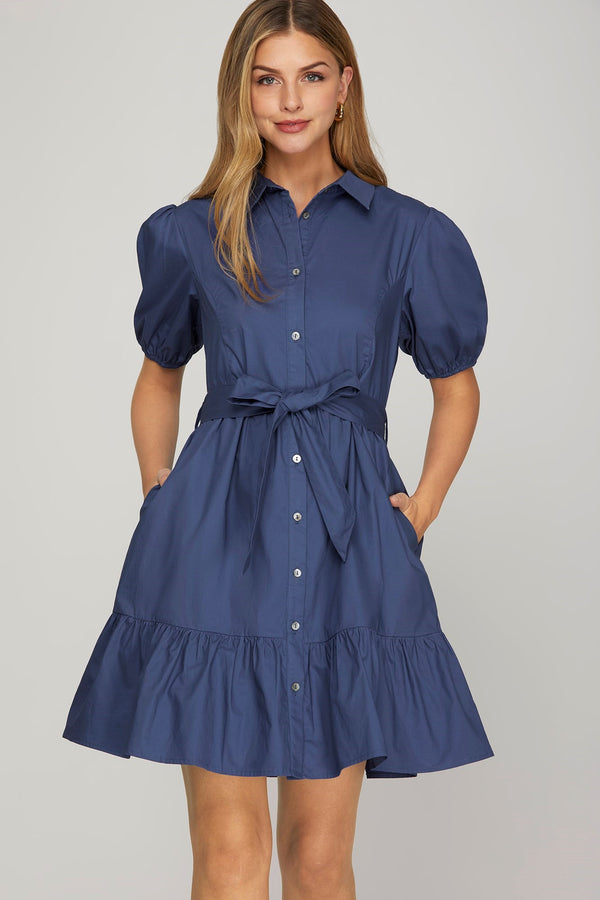 Puff Sleeve Button Down Woven Dress- Navy