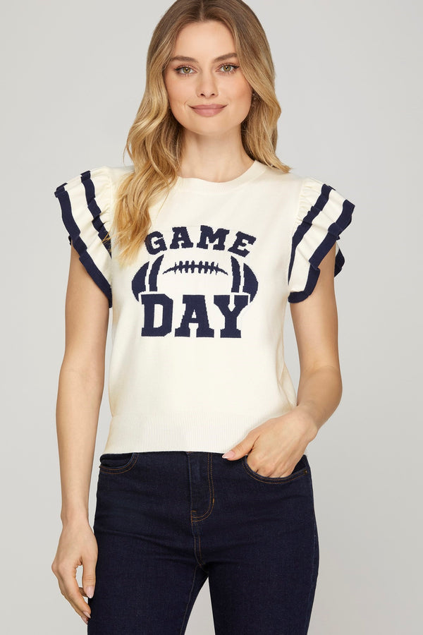 Game Day Ruffle Sweater Top- Navy