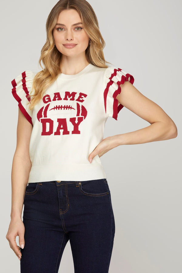 Game Day Ruffle Sweater Top- Red