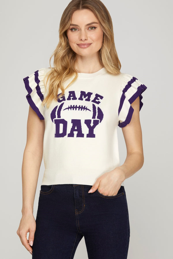 Game Day Ruffle Sweater Top- Purple