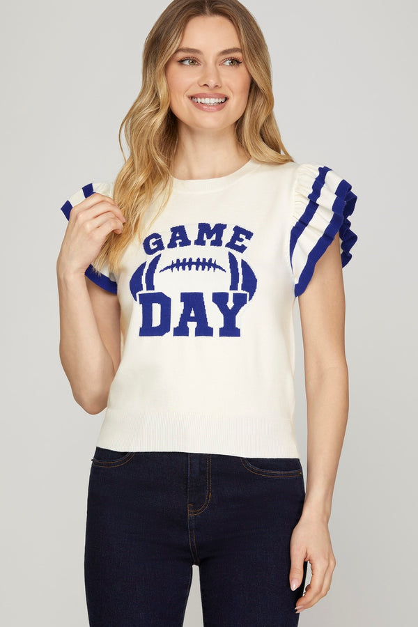 Game Day Ruffle Sweater Top- Royal Blue