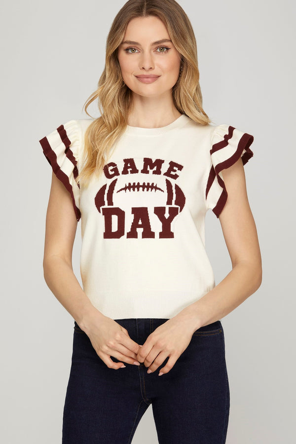 Game Day Ruffle Sweater Top- Garnet