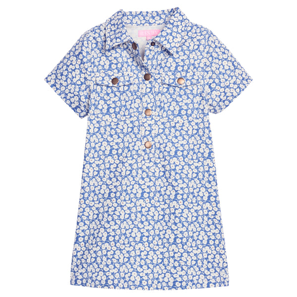 Safari Popover Dress- French Blue Floral Corduroy