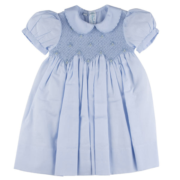 Scalloped Pearl Smocked Dress- Blue
