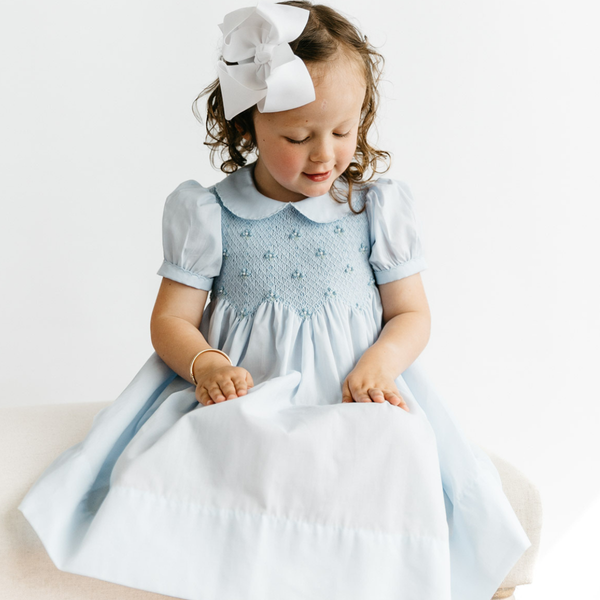 Scalloped Pearl Smocked Dress- Blue