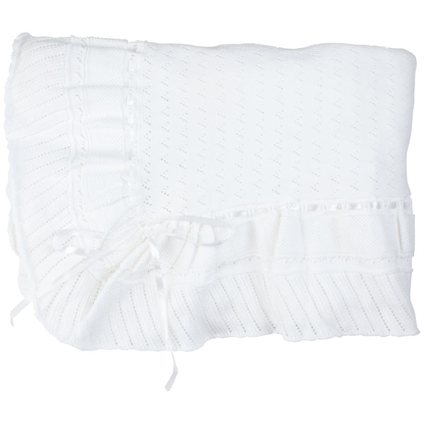 Pointelle Knit Ruffle Blanket- White