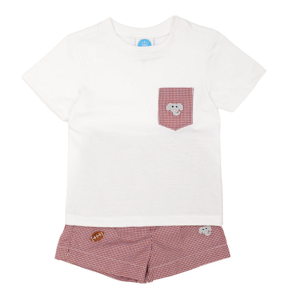 Stephen Pocket Short Set- All Over Embroidery Crimson Elephants