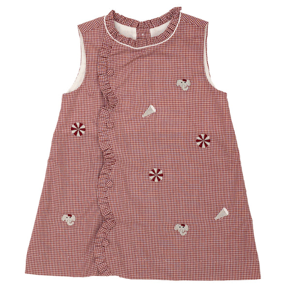 Claire Scallop Dress- All Over Embroidery Crimson Elephants
