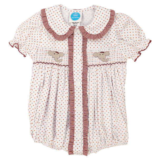 Ruby Smocked Bubble- Crimson Bitty Dot Elephant