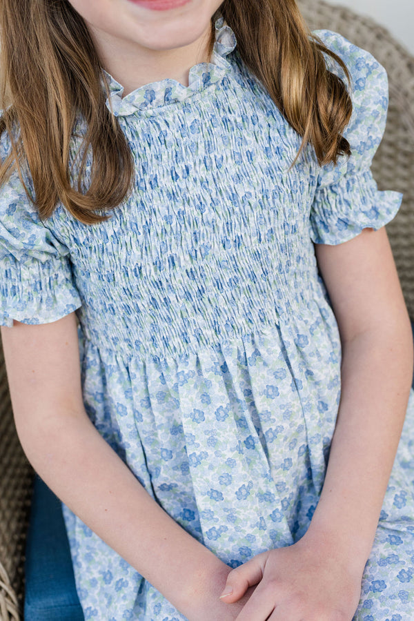 Smocked Dress- Blue & Green Floral