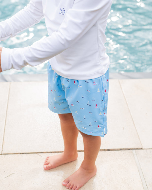 Boogie Board Swim Trunk- Baltic Sea Boats In The Bay Print