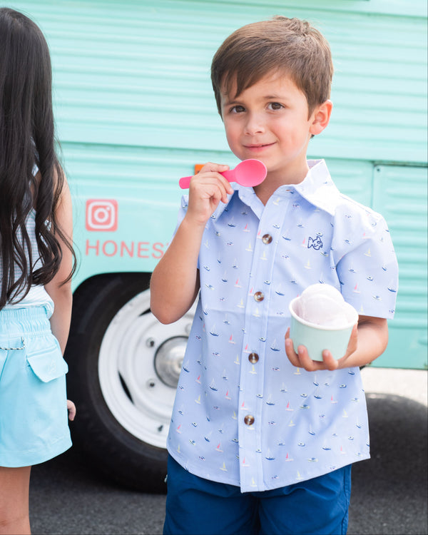 Button Down Shirt- Windsurfer Boats In The Bay Print