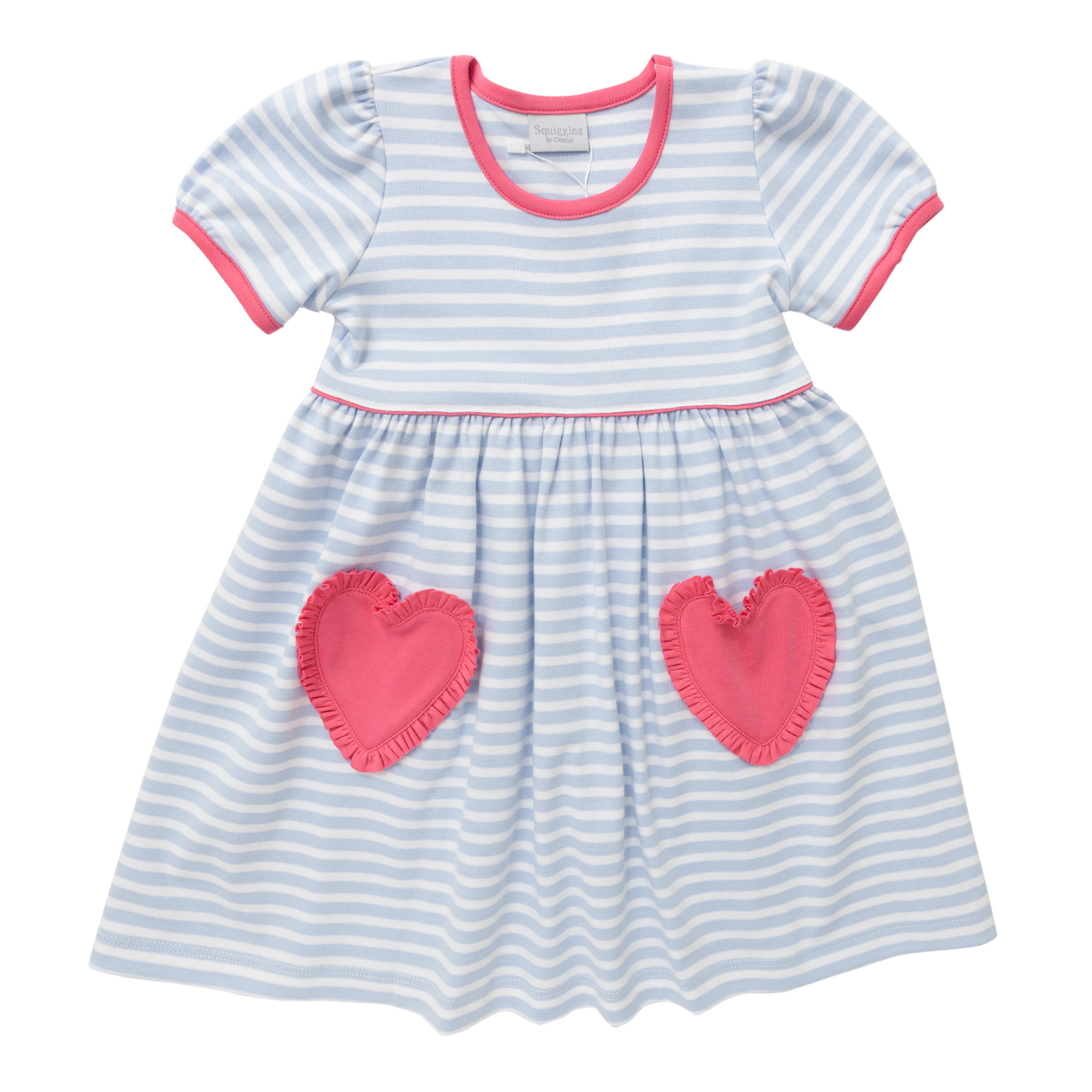 Heart Pocket Dress- Light Blue Stripe/Hot Pink Smock Candy Heart Pocket Dress- Light Blue Stripe/Hot Pink Smock Candy