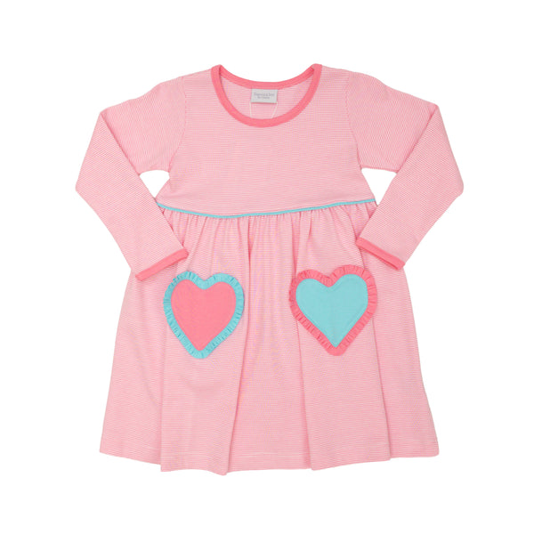 Popover L/S Heart Pocket Dress- Pink Stripe/Aqua