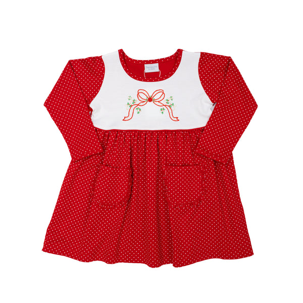 Letter Bow L/S Dress- Red Polka Dots