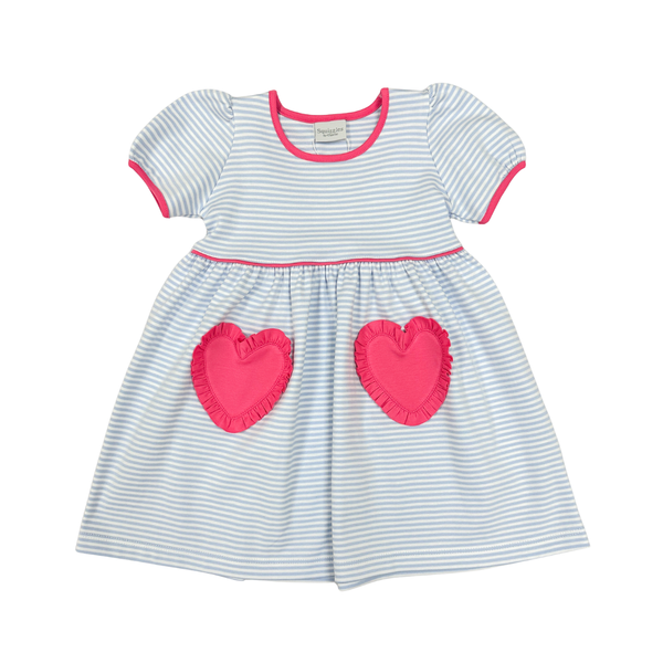 Heart Pocket Dress- Blue Stripe & Hot Pink