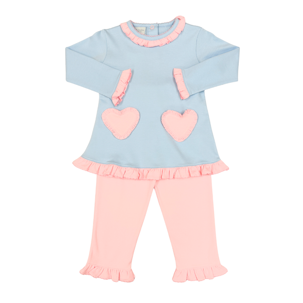 Heart Applique Ruffle Pant Set- Lt. Blue/Pink