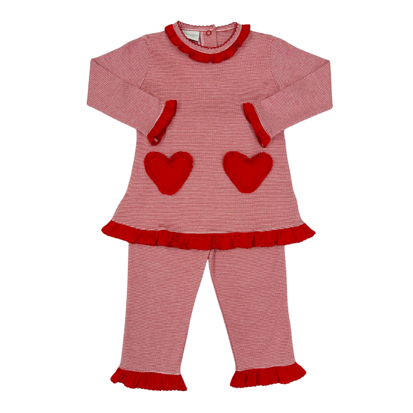 Heart Applique Ruffle Pant Set- Red Stripe