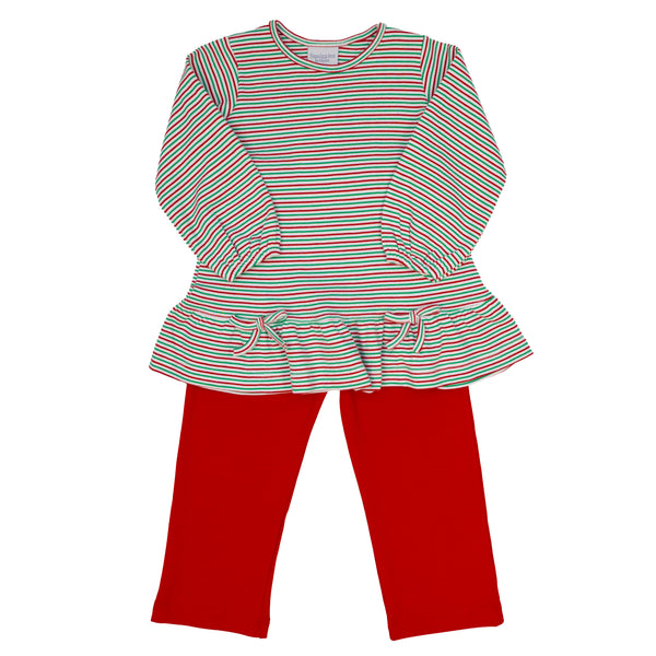 Leisure Pant Set Peplum- Red/Green Stripe