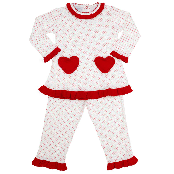 Heart Pocket Ruffle Pants Set- Red Dot