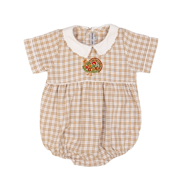 Turkey Embroidered Boy Bubble- Beige Plaid